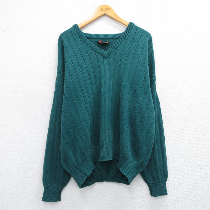 XL★古着 長袖 セーター メンズ 90年代 90s 無地 大きいサイズ Vネック 緑 グリーン 25mar14 中古 ニット トップス