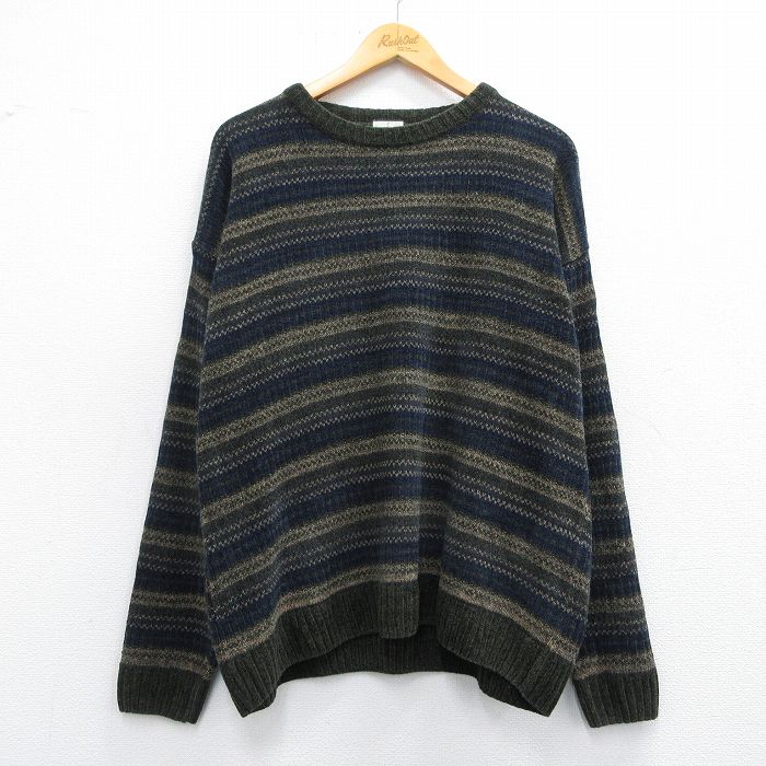 【50%OFF】XL★古着 長袖 セーター メンズ クルーネック 紺他 ネイビー ボーダー 25mar14 中古 ニット トップス