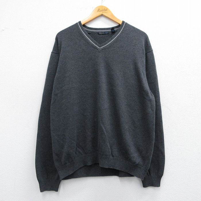 XL★古着 バンヒューセン 長袖 セーター メンズ 無地 コットン Vネック グレー 25mar14 中古 ニット トップス