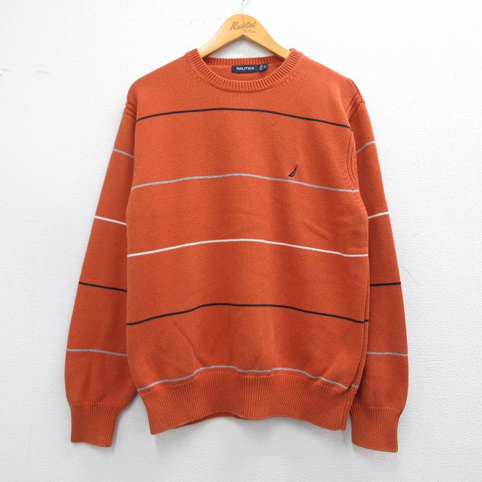 L★古着 ノーティカ NAUTICA 長袖 ブランド セーター メンズ ワンポイントロゴ コットン クルーネック オレンジ他 ボーダー 25mar14 中古 ニット トップス