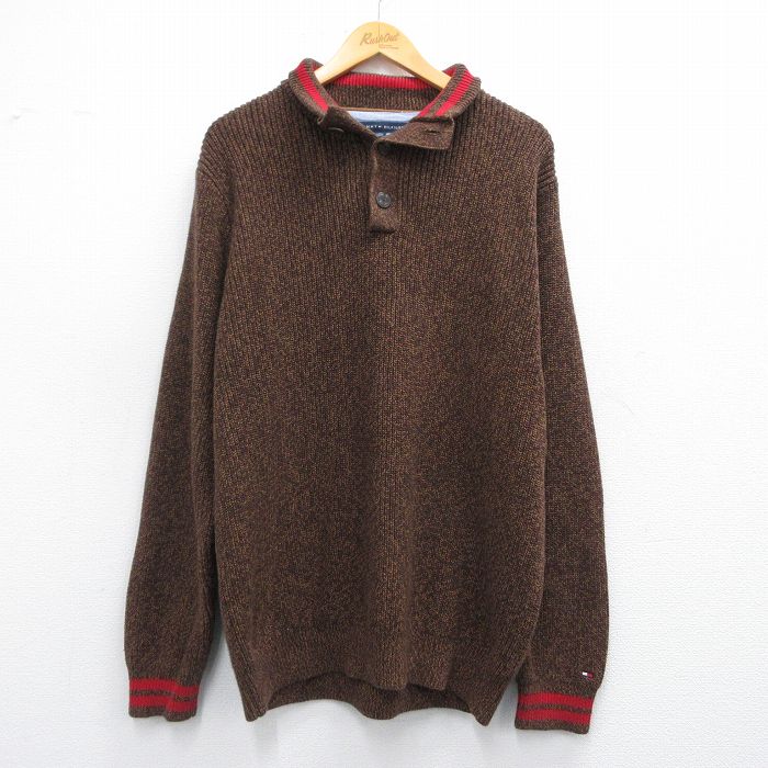 XL★古着 トミーヒルフィガー TOMMY HILFIGER 長袖 ブランド セーター メンズ コットン ヘンリーネック 茶 ブラウン 25mar14 中古 ニット トップス