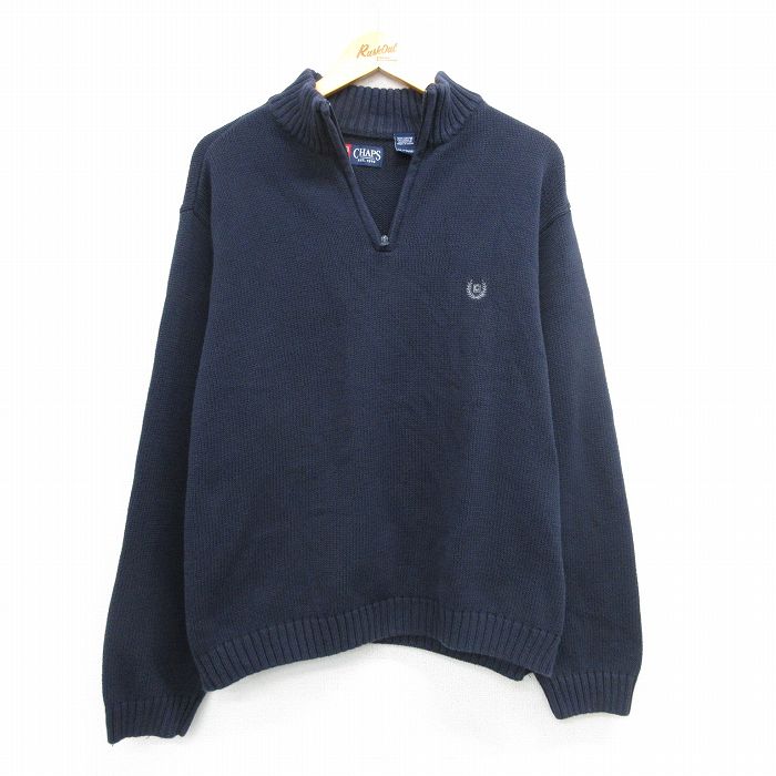 XL★古着 チャップス 長袖 ハーフジップ セーター メンズ 90年代 90s ワンポイントロゴ 大きいサイズ コットン 紺 ネイビー 25mar15 中古 ニット トップス