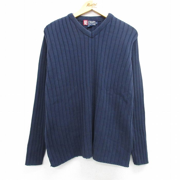 L★古着 ラルフローレン Ralph Lauren チャップス 長袖 ブランド セーター メンズ 90年代 90s 無地 コットン Vネック 紺 ネイビー 【spe】 25mar15 中古 ニット トップス