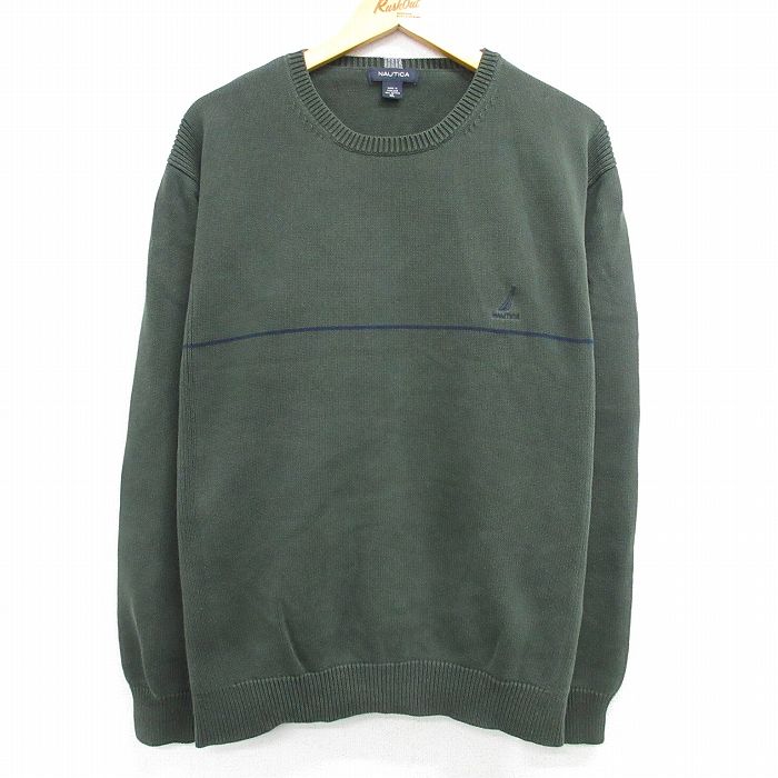 XL★古着 ノーティカ NAUTICA 長袖 ブランド セーター メンズ ワンポイントロゴ コットン クルーネック 緑他 グリーン 25mar15 中古 ニット トップス