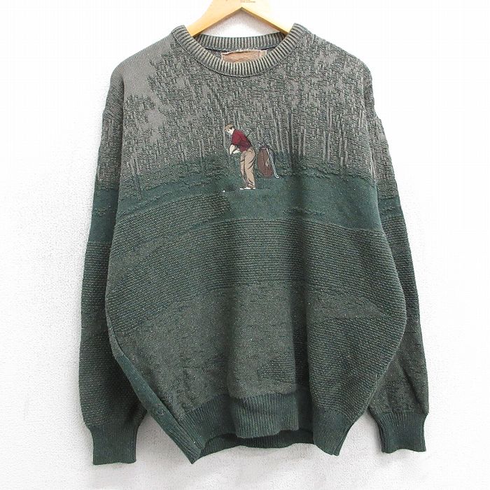 L★古着 長袖 セーター メンズ 90年代 90s ゴルフ 刺繍 クルーネック USA製 濃緑他 グリーン 25mar15 中古 ニット トップス