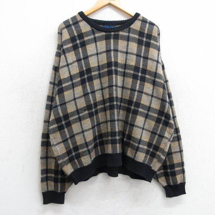 【20%OFF】XL★古着 タウンクラフト 長袖 セーター メンズ 90年代 90s 大きいサイズ アクリル クルーネック ベージュ他 カーキ チェック 25mar15 中古 ニット トップス