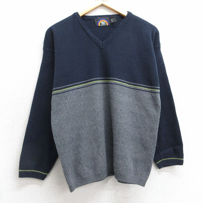 M★古着 ニューエラ 長袖 セーター メンズ 90年代 90s ツートンカラー Vネック USA製 紺他 ネイビー 25mar15 中古 ニット トップス
