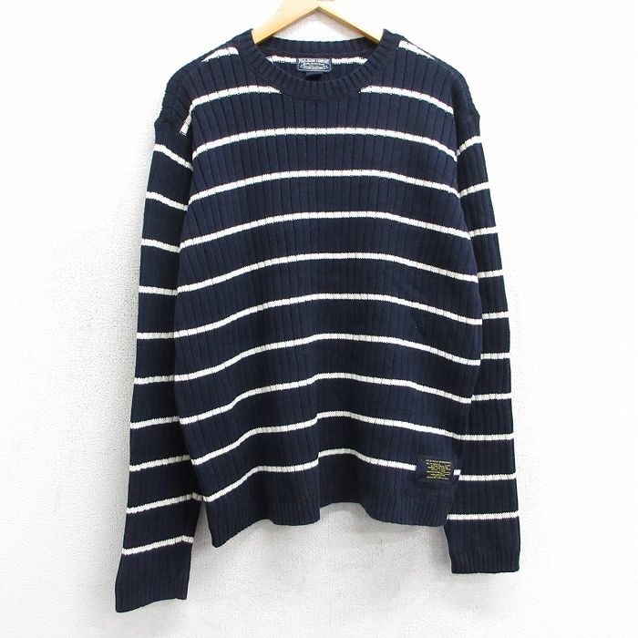 L★古着 ラルフローレン Ralph Lauren ポロジーンズ 長袖 ブランド セーター メンズ 00年代 00s コットン クルーネック 濃紺 ネイビー ボーダー 25mar15 中古 ニット トップス