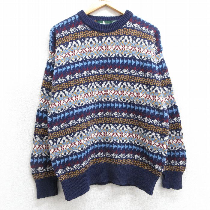 【20%OFF】L★古着 長袖 セーター メンズ 90年代 90s フェアアイル コットン クルーネック 紺他 ネイビー 25mar15 中古 ニット トップス