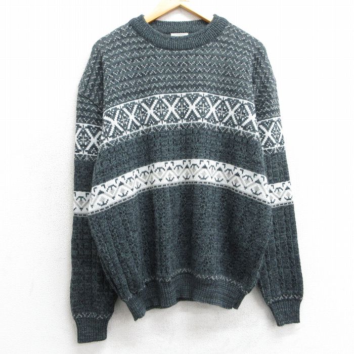 【50%OFF】XL★古着 長袖 セーター メンズ 90年代 90s アクリル クルーネック 濃緑他 グリーン 25mar15 中古 ニット トップス