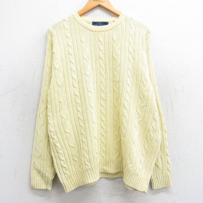 XL★古着 長袖 ケーブル セーター メンズ 90年代 90s 大きいサイズ コットン 黄 イエロー 25mar15 中古 ニット トップス