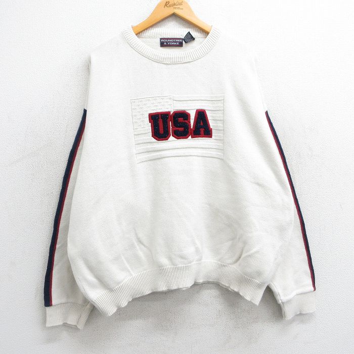 【50%OFF】XL★古着 長袖 セーター メンズ 90年代 90s USAロゴ 大きいサイズ コットン クルーネック USA製 白 ホワイト 25mar17 中古 ニット トップス