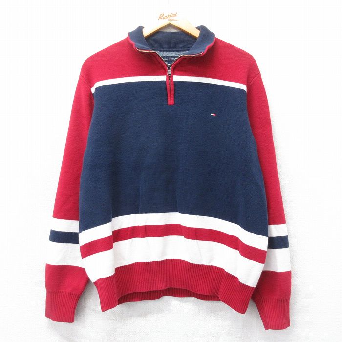 L★古着 トミーヒルフィガー TOMMY HILFIGER 長袖 ブランド ハーフジップ セーター メンズ ワンポイントロゴ 紺他 ネイビー 25mar18 中古 ニット トップス