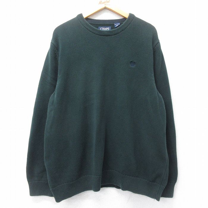 【50%OFF】XL★古着 チャップス 長袖 セーター メンズ ワンポイントロゴ 大きいサイズ クルーネック 緑 グリーン 25mar18 中古 ニット トップス