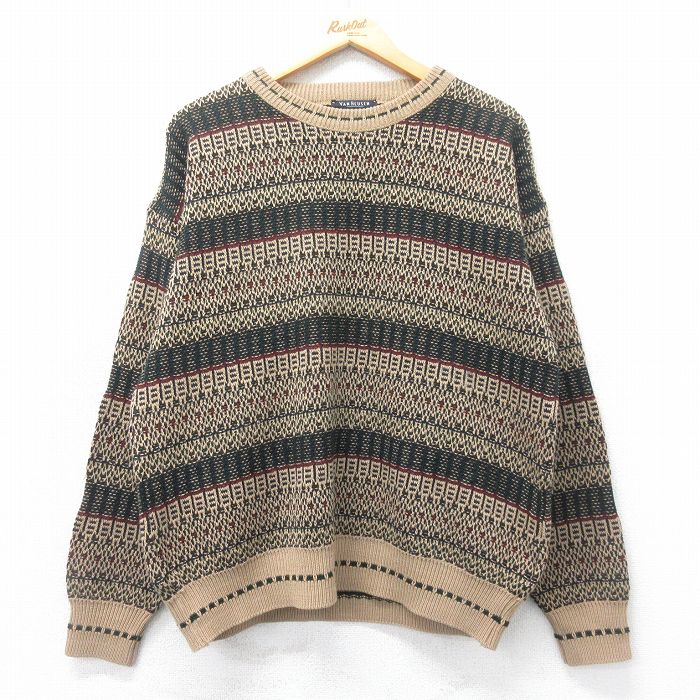【20%OFF】L★古着 バンヒューセン 長袖 セーター メンズ 80年代 80s アクリル クルーネック ベージュ他 カーキ 25mar18 中古 ニット トップス
