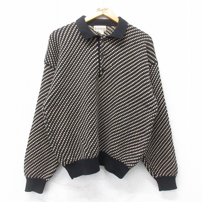 【20%OFF】L★古着 長袖 セーター メンズ 90年代 90s 襟付き コットン 黒他 ブラック 25mar18 中古 ニット トップス