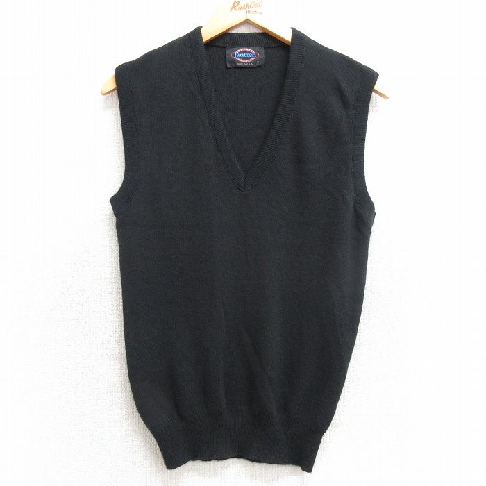 XS★古着 ジャンセン ニット ベスト メンズ 80年代 80s 無地 アクリル Vネック 黒 ブラック 25mar19 中古 トップス