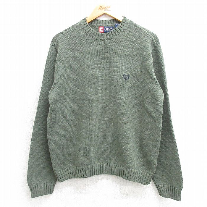 M★古着 チャップス 長袖 セーター メンズ ワンポイントロゴ コットン クルーネック 緑系 グリーン 25mar19 中古 ニット トップス