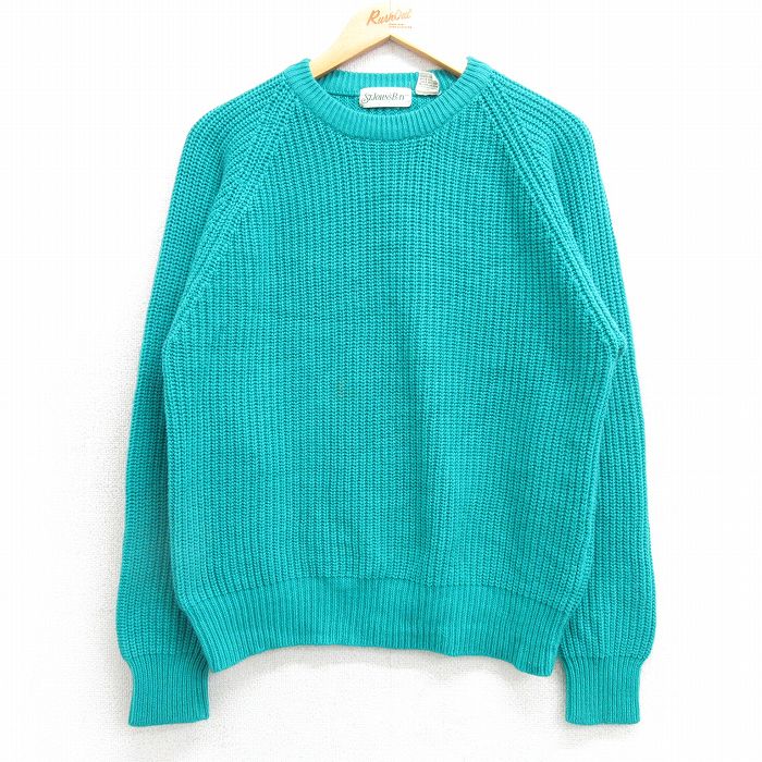 M★古着 セントジョンズベイ 長袖 セーター メンズ 90年代 90s 無地 ラグラン アクリル クルーネック 青緑 25mar19 中古 ニット トップス