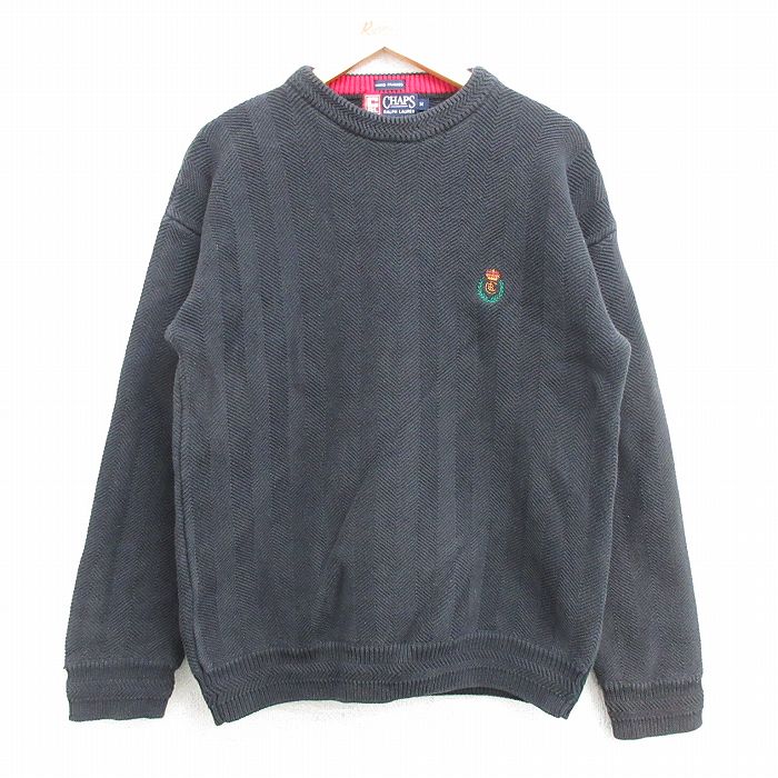 M★古着 ラルフローレン Ralph Lauren チャップス 長袖 ブランド セーター メンズ 90年代 90s ワンポイントロゴ ヘリンボーン 手織り コットン クルーネック 黒 ブラック 【spe】 25mar19 中古 ニット トップス