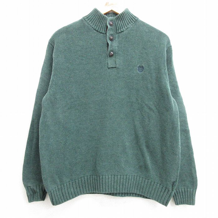 【20%OFF】L★古着 チャップス 長袖 セーター メンズ ワンポイントロゴ ヒジ当て コットン ヘンリーネック 濃緑他 グリーン 25mar19 中古 ニット トップス