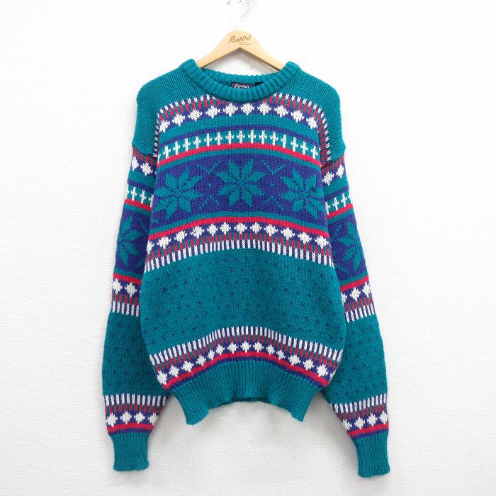 L★古着 長袖 ノルディック セーター メンズ 00年代 00s 雪柄 バーズアイ アクリル クルーネック 青緑 25mar22 中古 ニット トップス