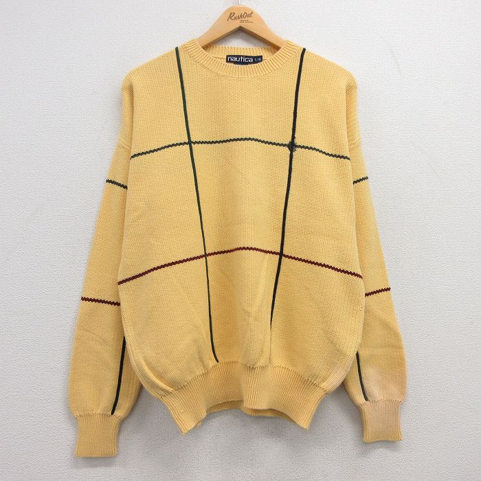 L★古着 ノーティカ NAUTICA 長袖 ブランド セーター メンズ 90年代 90s ワンポイントロゴ コットン クルーネック 黄他 イエロー チェック 25mar22 中古 ニット トップス