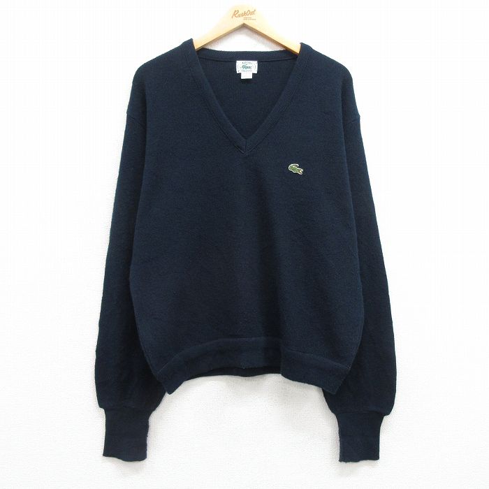 L★古着 ラコステ LACOSTE IZOD 長袖 ブランド セーター メンズ 90年代 90s ワンポイントロゴ アクリル Vネック 濃紺 ネイビー 25mar22 中古 ニット トップス