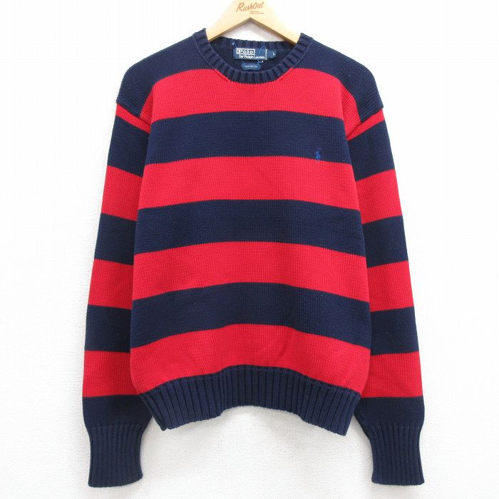 L★古着 ラルフローレン Ralph Lauren 長袖 ブランド セーター メンズ 90年代 90s ワンポイントロゴ コットン クルーネック 濃紺他 ネイビー ボーダー 【spe】 25mar22 中古 ニット トップス