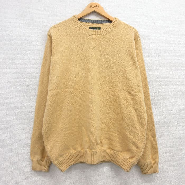 XL★古着 エディーバウアー 長袖 セーター メンズ 無地 コットン クルーネック 黄 イエロー 25mar22 中古 ニット トップス