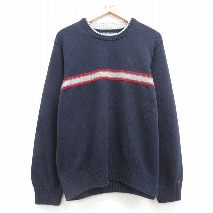 L★古着 トミーヒルフィガー TOMMY HILFIGER 長袖 ブランド セーター メンズ ワンポイントロゴ コットン クルーネック 濃紺 ネイビー 25mar22 中古 ニット トップス