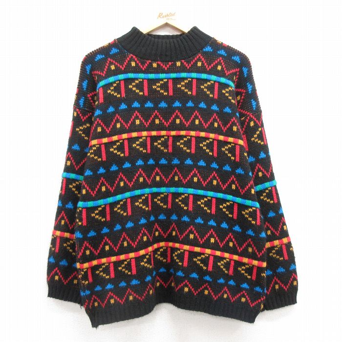 【50%OFF】M★古着 長袖 セーター メンズ 90年代 90s アクリル モックネック ハイネック USA製 黒 ブラック 25mar22 中古 ニット トップス