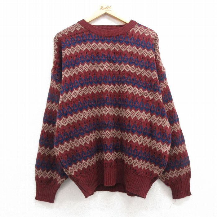 【50%OFF】XL★古着 長袖 セーター メンズ 00年代 00s アクリル クルーネック エンジ 25mar22 中古 ニット トップス