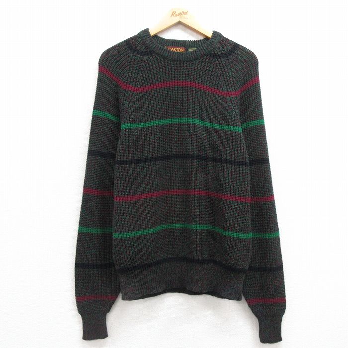 M★古着 長袖 セーター メンズ 00年代 00s ラグラン アクリル クルーネック 緑他 グリーン ボーダー 25mar22 中古 ニット トップス