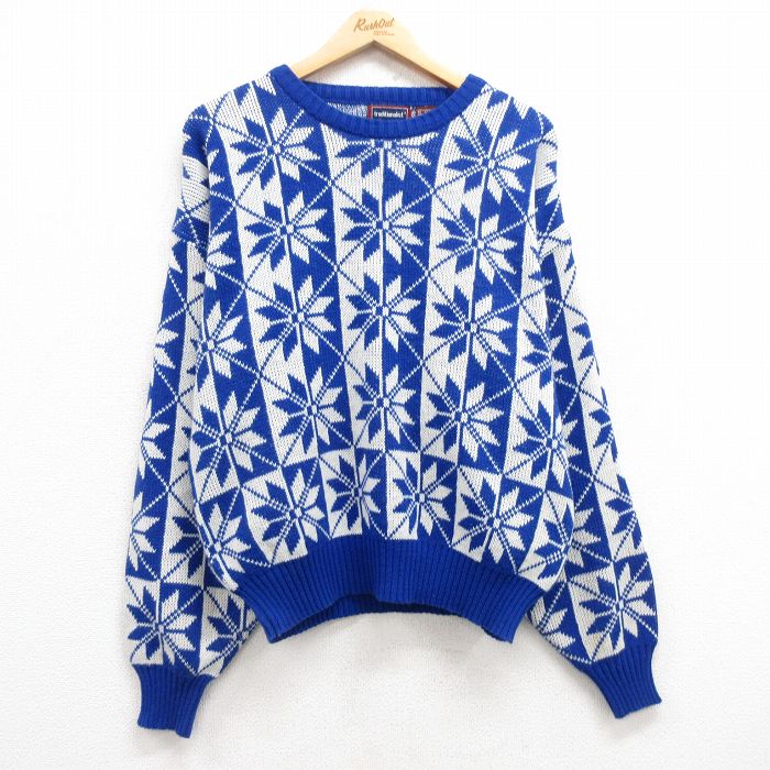 【50%OFF】L★古着 長袖 ノルディック セーター メンズ 00年代 00s 雪柄 アクリル 大きいサイズ 青他 ブルー 25mar22 中古 ニット トップス