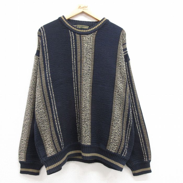 XL★古着 長袖 セーター メンズ 00年代 00s 大きいサイズ クルーネック 濃紺他 ネイビー ストライプ 25mar22 中古 ニット トップス