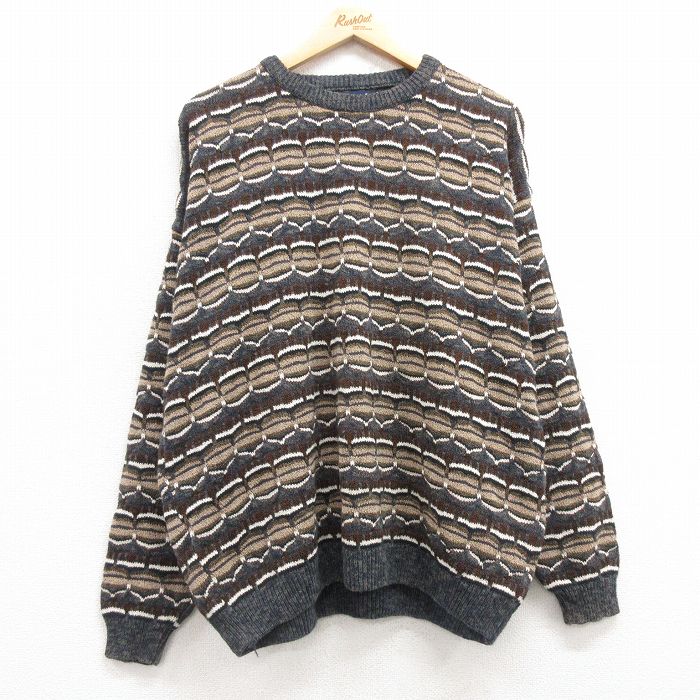 【50%OFF】XL★古着 長袖 セーター メンズ 90年代 90s 大きいサイズ クルーネック USA製 ベージュ他 カーキ 25mar22 中古 ニット トップス