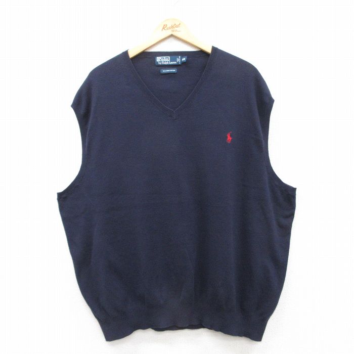 XL★古着 ラルフローレン Ralph Lauren ブランド ニット ベスト メンズ 90年代 90s ワンポイントロゴ 大きいサイズ コットン Vネック 紺 ネイビー 25mar22 中古 トップス
