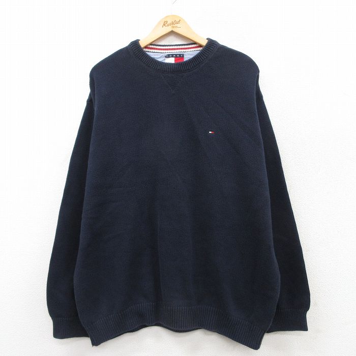 【50%OFF】XL★古着 トミーヒルフィガー TOMMY HILFIGER 長袖 ブランド セーター メンズ 90年代 90s ワンポイントロゴ 大きいサイズ コットン クルーネック 紺 ネイビー 25mar22 中古 ニット トップス