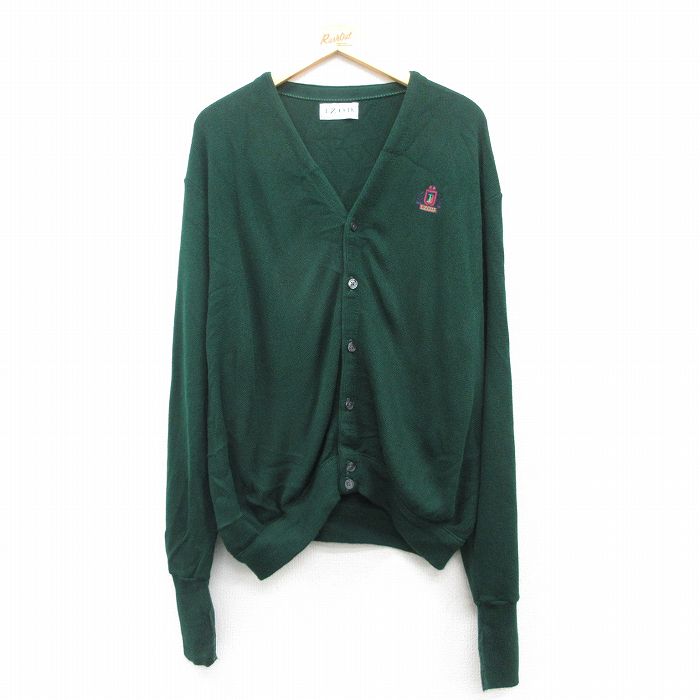 XL★古着 IZOD 長袖 ニット カーディガン メンズ 90年代 90s ワンポイントロゴ 大きいサイズ アクリル USA製 濃緑 グリーン 25mar22 中古 トップス