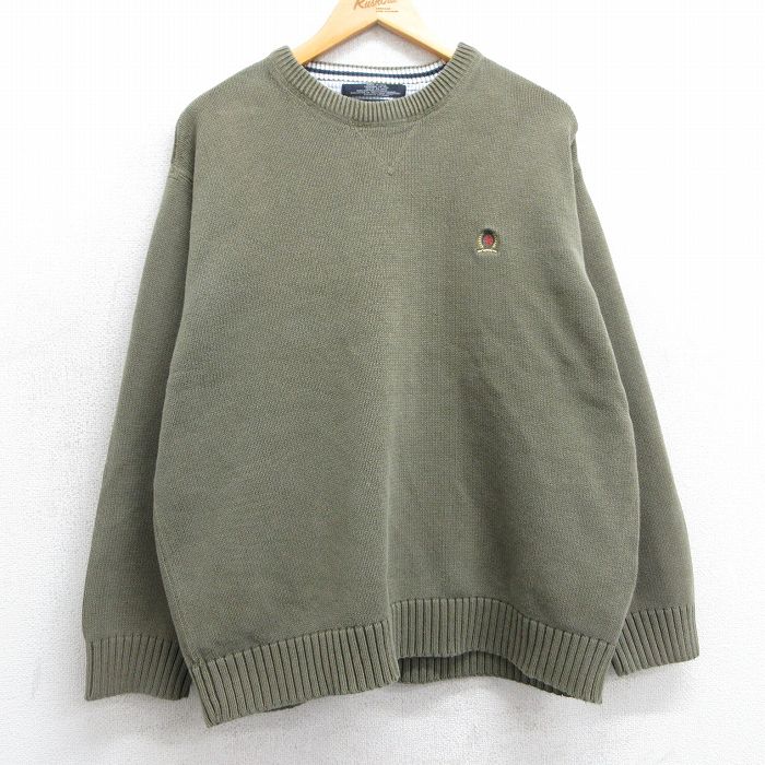 XL★古着 トミーヒルフィガー TOMMY HILFIGER 長袖 ブランド セーター メンズ ワンポイントロゴ コットン クルーネック 濃緑 グリーン 25mar24 中古 ニット トップス