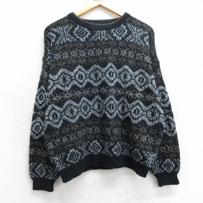【50%OFF】XL★古着 長袖 セーター メンズ 90年代 90s 大きいサイズ クルーネック 黒他 ブラック 25mar24 中古 ニット トップス