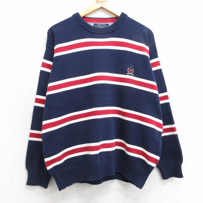 XL★古着 トミーヒルフィガー TOMMY HILFIGER 長袖 ブランド セーター メンズ 90年代 90s ワンポイントロゴ コットン クルーネック 紺他 ネイビー ボーダー 【spe】 25mar24 中古 ニット トップス