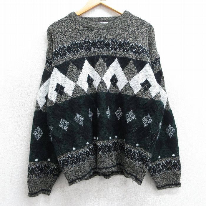 【50%OFF】L★古着 長袖 セーター メンズ 90年代 90s アクリル クルーネック ベージュ他 カーキ 25mar24 中古 ニット トップス