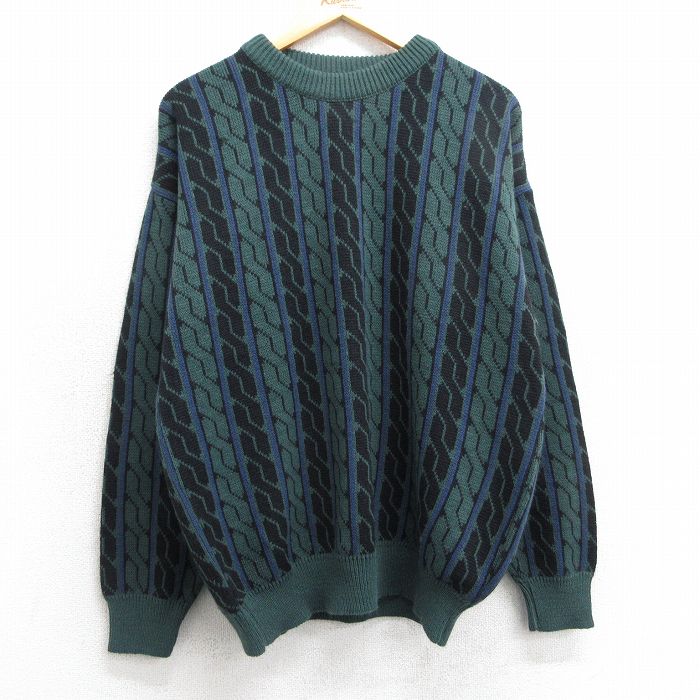 XL★古着 長袖 セーター メンズ 90年代 90s アクリル クルーネック 緑他 グリーン 25mar24 中古 ニット トップス