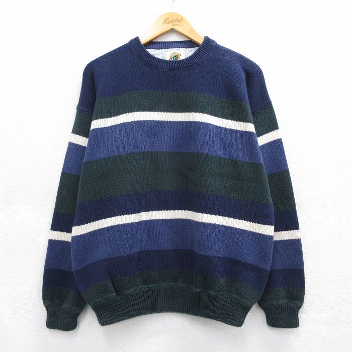 【50%OFF】L★古着 長袖 セーター メンズ 00年代 00s コットン クルーネック 紺他 ネイビー 25mar25 中古 ニット トップス