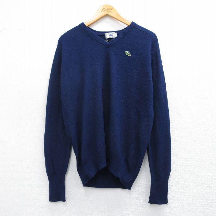 L★古着 ラコステ LACOSTE IZOD 長袖 ブランド セーター メンズ 90年代 90s ワンポイントロゴ アクリル Vネック 紺 ネイビー 25mar25 中古 ニット トップス