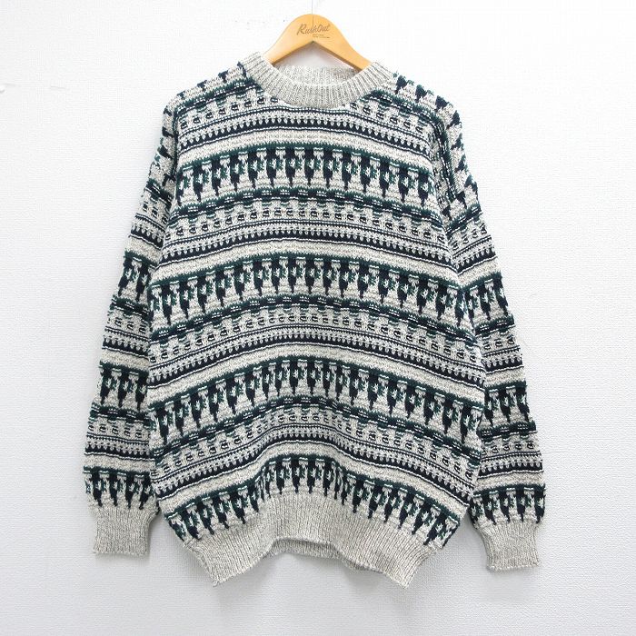【50%OFF】L★古着 長袖 セーター メンズ 90年代 90s コットン クルーネック USA製 薄グレー他 25mar25 中古 ニット トップス