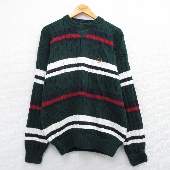 L★古着 トミーヒルフィガー TOMMY HILFIGER 長袖 ブランド セーター メンズ 90年代 90s ワンポイントロゴ コットン クルーネック 緑他 グリーン 25mar25 中古 ニット トップス