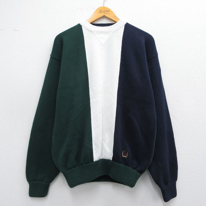 L★古着 トミーヒルフィガー TOMMY HILFIGER 長袖 ブランド セーター メンズ 90年代 90s ワンポイントロゴ コットン クルーネック 緑他 グリーン 【spe】 25mar25 中古 ニット トップス